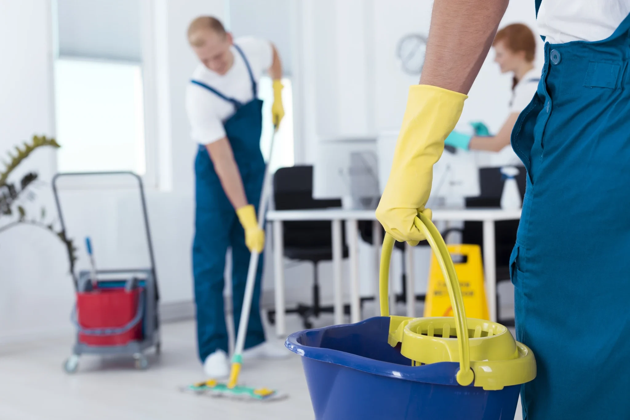 A professional cleaning team member from Calgary Cleaning inspecting a commercial space during a routine quality check, ensuring consistent cleanliness standards.