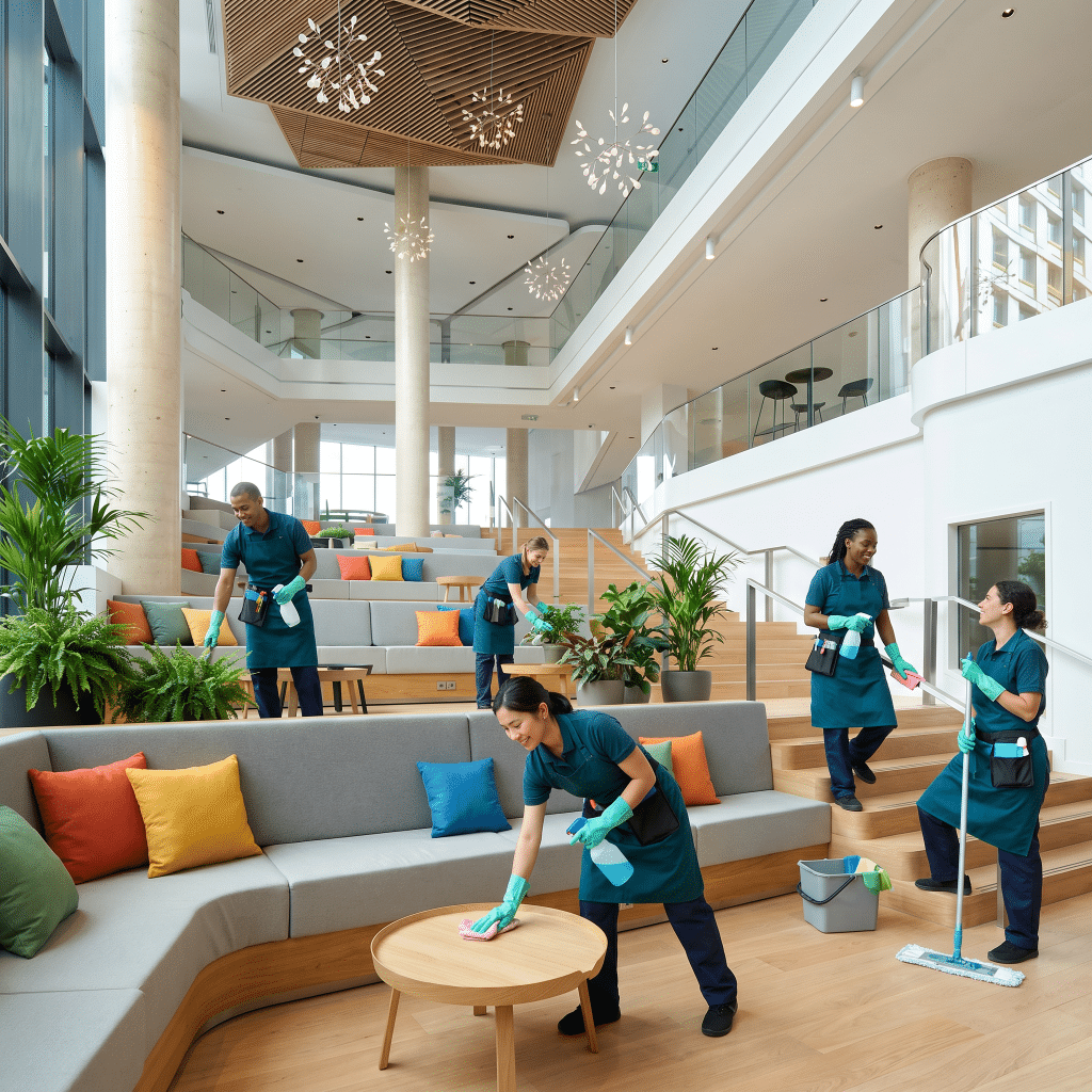 Professional cleaning crew providing commercial cleaning services in a Calgary corporate lobby