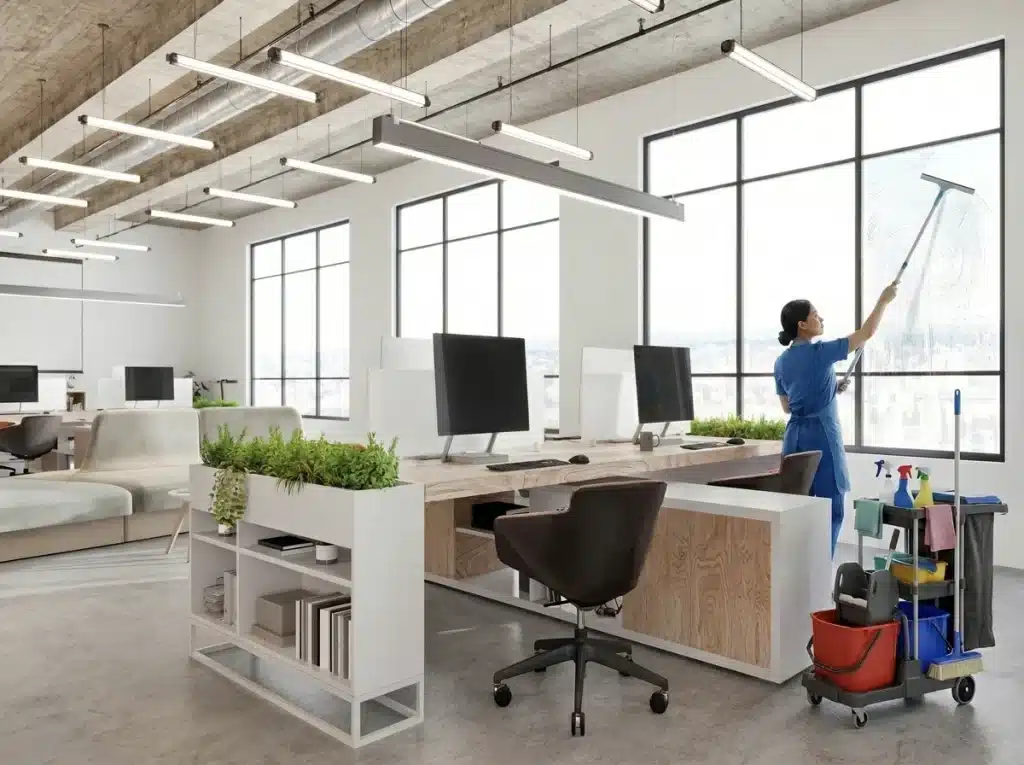Janitorial cleaning company employee performing office window cleaning as part of Calgary commercial cleaning services