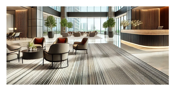 Building Carpet Cleaning An elegant corporate office building lobby with a high-quality, neutral-colored carpet, featuring a modern reception desk, comfortable seating areas, and large glass windows.