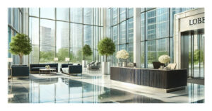 Building Window Cleaning A corporate building lobby with large, clean windows, a sleek reception desk, and comfortable seating areas, allowing natural light to create a bright and welcoming atmosphere.