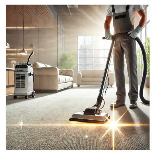 Time To Shine Carpet Cleaning Company A bright, clean carpet in a modern setting, with a professional cleaner giving it a final touch using a carpet cleaning machine, symbolizing a fresh, renewed look with a subtle shine effect