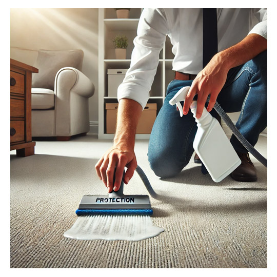 Carpet Protection A professional cleaner applying a protective treatment to a clean, well-maintained carpet in a modern setting, enhancing its durability and stain resistance.