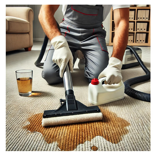 Carpet Stain Removal A professional cleaner removing a stain from a carpet using specialized cleaning equipment and solutions, returning the carpet to its original clean state.