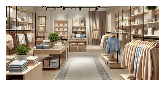 Commercial Carpet Cleaning A well-lit retail store with a clean, neutral-colored carpet floor, featuring neatly arranged clothing racks, shelves with products, and a modern checkout counter.