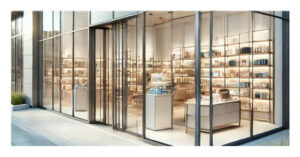 Commercial Window Cleaning A commercial business setting with large, spotless windows, allowing natural light to brighten the space, highlighting neatly arranged merchandise and a welcoming atmosphere.