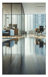 Floor Cleaning Services A clean and polished business floor in a modern office or commercial setting, with contemporary furniture and large windows, showcasing the professionalism of floor cleaning services.