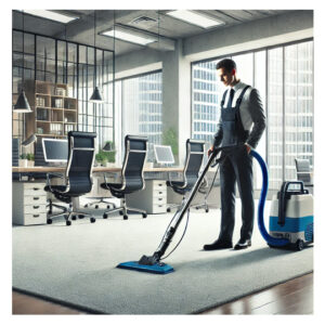 Industry Specific Carpet Care Solutions A professional cleaner in a specialized industry setting, using advanced carpet cleaning equipment on a large, clean carpeted area, emphasizing the thoroughness and effectiveness of industry-specific carpet cleaning services.