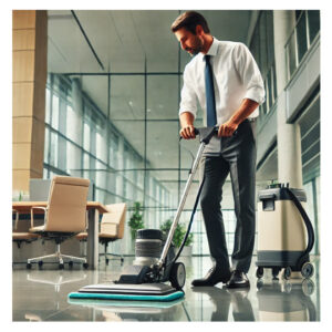 Industry Specific Floor Care Solutions A professional floor cleaner in a business environment, using specialized equipment to clean a spotless and well-maintained floor, representing industry-specific floor cleaning services.