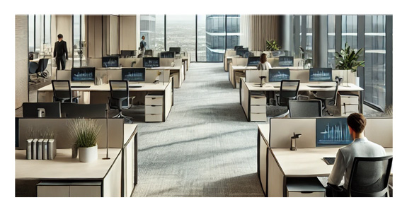 Office Carpet Cleaning A professional and modern office space with a clean, neutral-colored carpet floor, sleek desks, ergonomic chairs, and large windows letting in natural light.