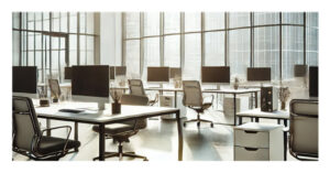 Office Window Cleaning A modern office space with large, clean windows, featuring desks, chairs, and computers, with natural light streaming in and creating a productive work environment.