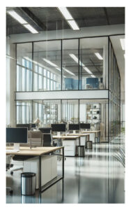 Window Cleaning Services An interior view of a corporate office with large, clean windows, featuring modern desks, ergonomic chairs, and natural light filling the space, emphasizing a professional atmosphere.